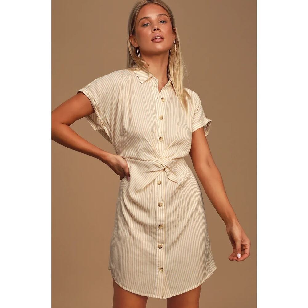 NWT Casual Perfection Tan Striped Twist-Front Shirt Dress Tan White Size Small